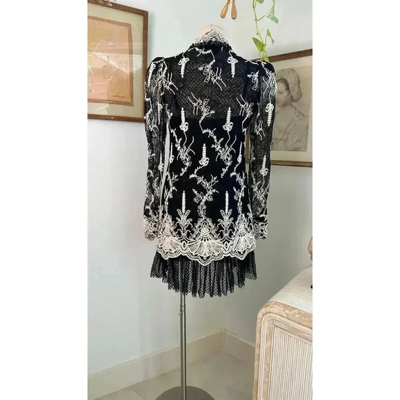 NWT Alexis Black Lace Dress White Floral Embroidery Elegant Designer Tunic Style - Picture 7 of 9